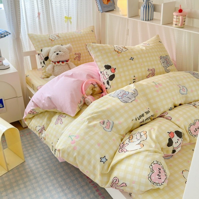 91家纺网 家纺一手货源 找家纺 曼之夏 2025新款全棉纯棉印花学生宿舍上下铺三件套 格子猫