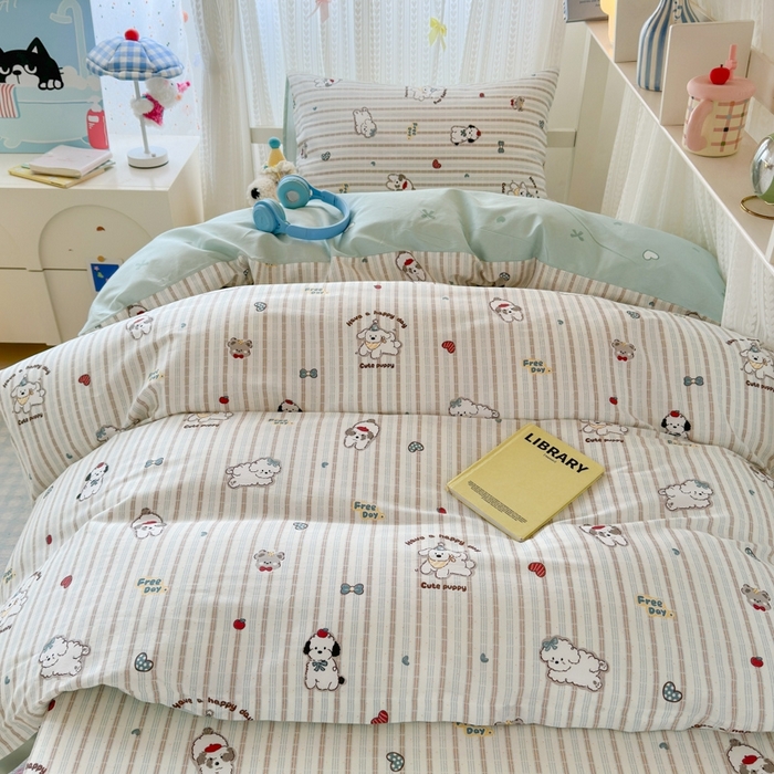 91家纺网 家纺一手货源 找家纺 曼之夏 2025新款全棉纯棉印花学生宿舍上下铺三件套 茶茶狗