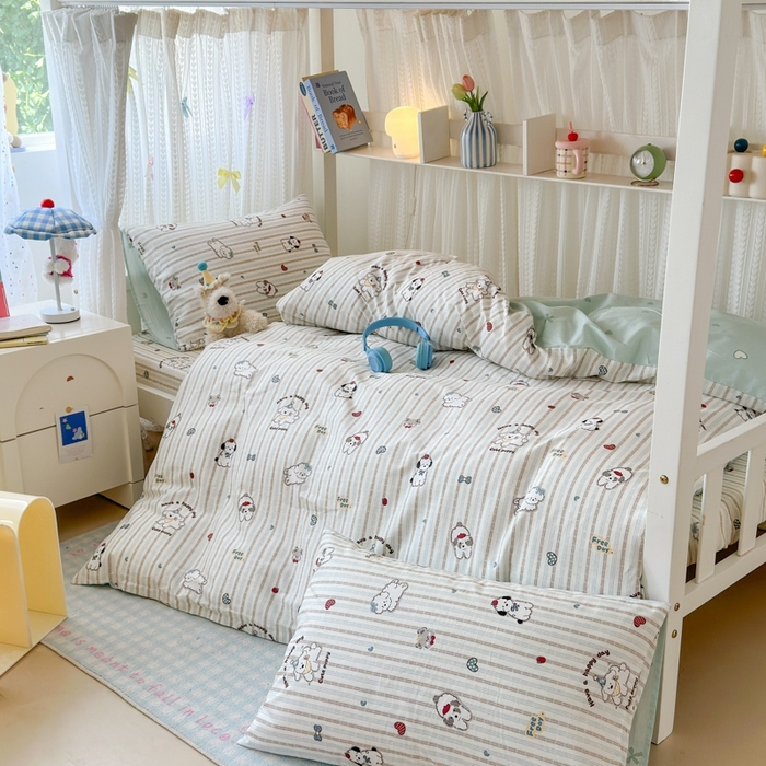 91家纺网 家纺一手货源 找家纺 曼之夏 2025新款全棉纯棉印花学生宿舍上下铺三件套 茶茶狗