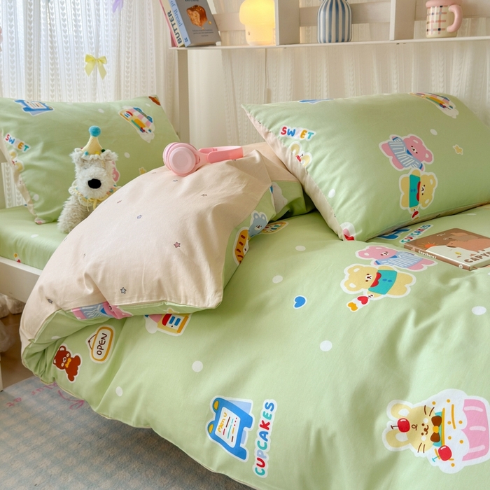 91家纺网 家纺一手货源 找家纺 曼之夏 2025新款全棉纯棉印花学生宿舍上下铺三件套 趣味熊