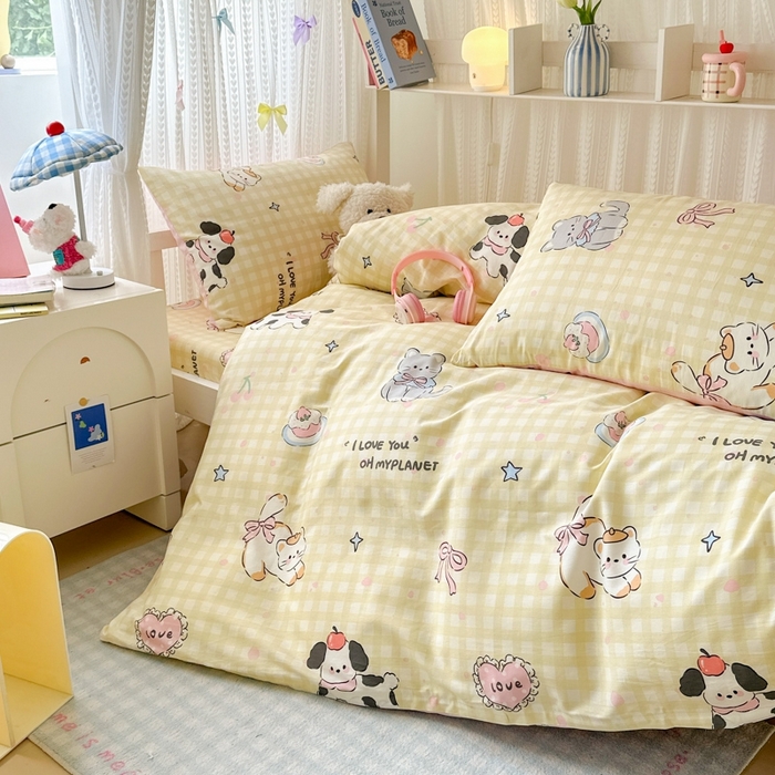 91家纺网 家纺一手货源 找家纺 曼之夏 2025新款全棉纯棉印花学生宿舍上下铺三件套 格子猫