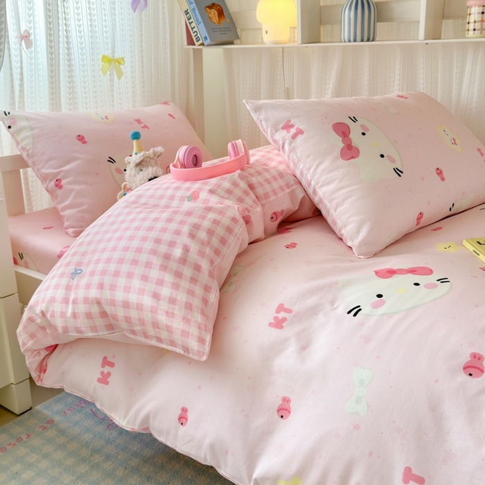 91家纺网 家纺一手货源 找家纺 曼之夏 2025新款全棉纯棉印花学生宿舍上下铺三件套 甜心猫咪