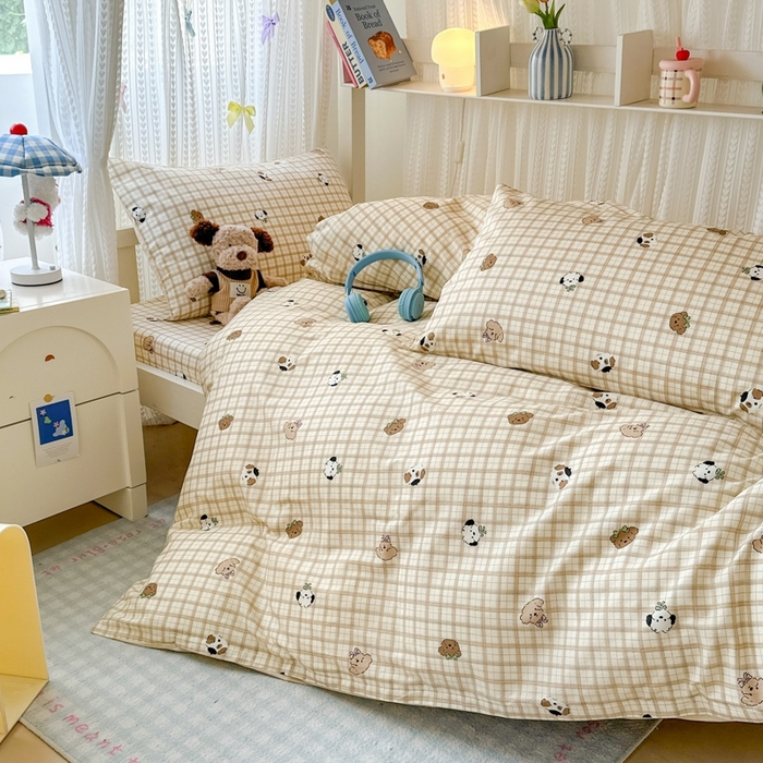 91家纺网 家纺一手货源 找家纺 曼之夏 2025新款全棉纯棉印花学生宿舍上下铺三件套 曲奇小狗