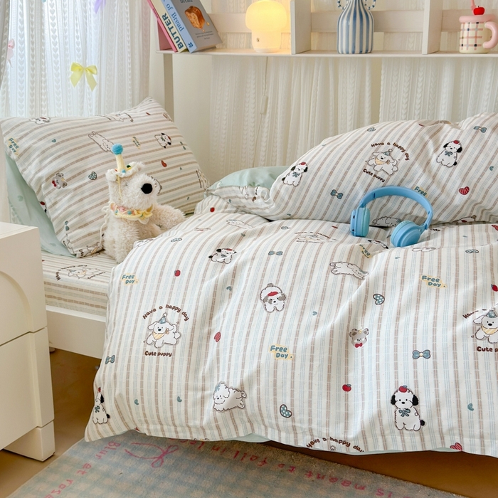 91家纺网 家纺一手货源 找家纺 曼之夏 2025新款全棉纯棉印花学生宿舍上下铺三件套 茶茶狗