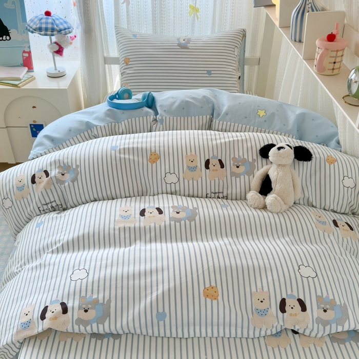 91家纺网 家纺一手货源 找家纺 曼之夏 2025新款全棉纯棉印花学生宿舍上下铺三件套 小狗日记