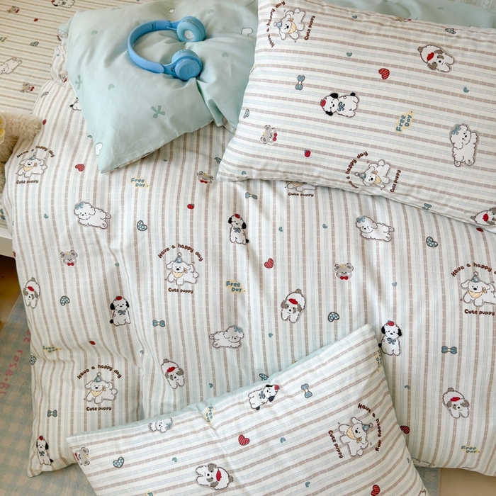 91家纺网 家纺一手货源 找家纺 曼之夏 2025新款全棉纯棉印花学生宿舍上下铺三件套 茶茶狗