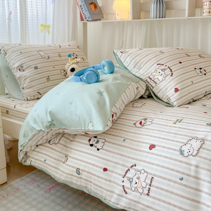 91家纺网 家纺一手货源 找家纺 曼之夏 2025新款全棉纯棉印花学生宿舍上下铺三件套 茶茶狗