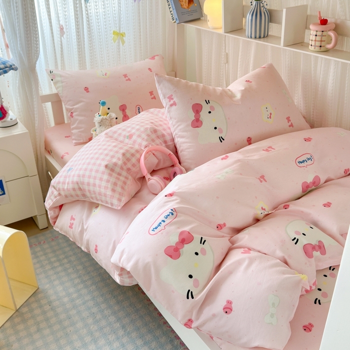 91家纺网 家纺一手货源 找家纺 曼之夏 2025新款全棉纯棉印花学生宿舍上下铺三件套 甜心猫咪