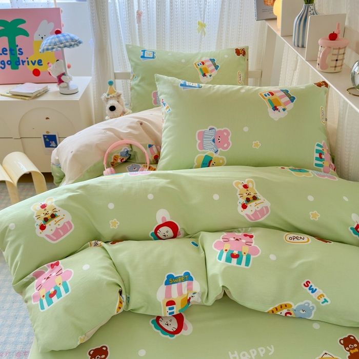 91家纺网 家纺一手货源 找家纺 曼之夏 2025新款全棉纯棉印花学生宿舍上下铺三件套 趣味熊