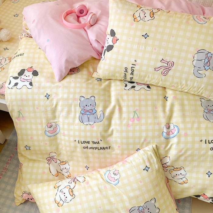 91家纺网 家纺一手货源 找家纺 曼之夏 2025新款全棉纯棉印花学生宿舍上下铺三件套 格子猫