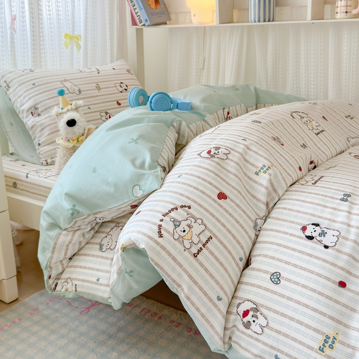 曼之夏 2025新款全棉纯棉印花学生宿舍上下铺三件套 茶茶狗