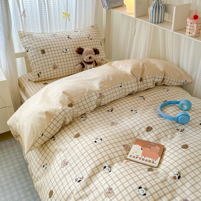 91家纺网 家纺一手货源 找家纺 曼之夏 2025新款全棉纯棉印花学生宿舍上下铺三件套 曲奇小狗