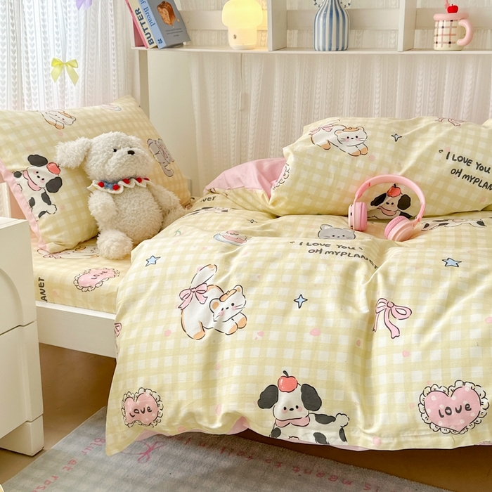 91家纺网 家纺一手货源 找家纺 曼之夏 2025新款全棉纯棉印花学生宿舍上下铺三件套 格子猫