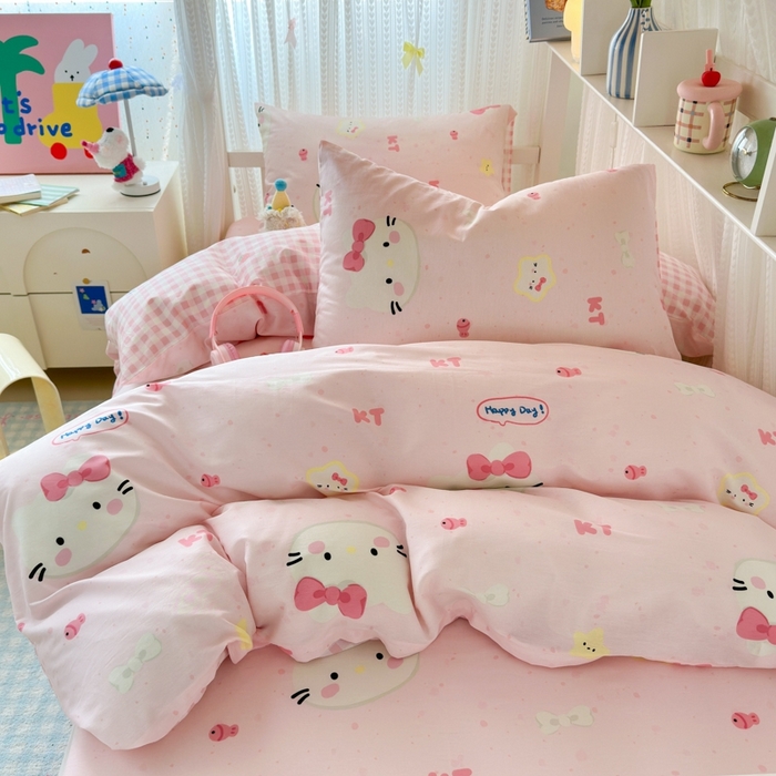 91家纺网 家纺一手货源 找家纺 曼之夏 2025新款全棉纯棉印花学生宿舍上下铺三件套 甜心猫咪