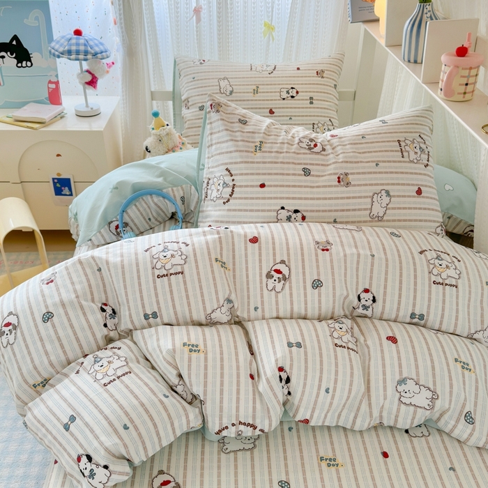 91家纺网 家纺一手货源 找家纺 曼之夏 2025新款全棉纯棉印花学生宿舍上下铺三件套 茶茶狗