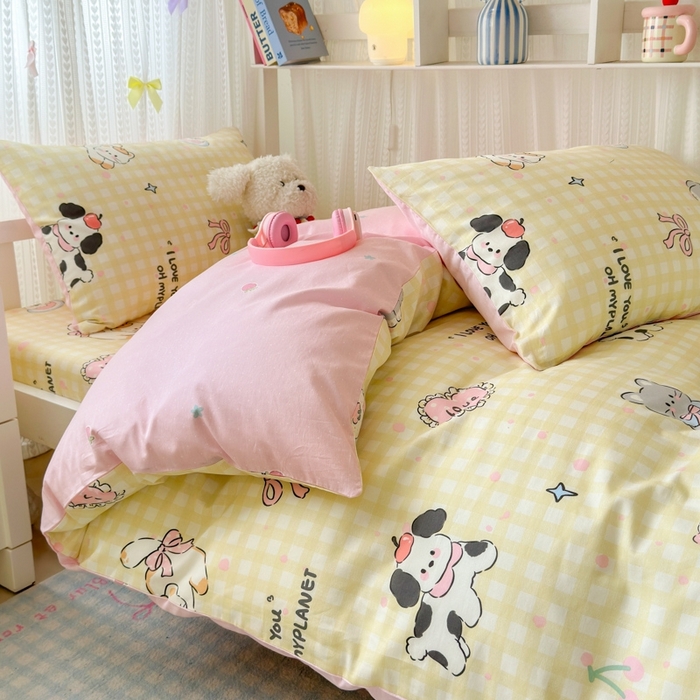 91家纺网 家纺一手货源 找家纺 曼之夏 2025新款全棉纯棉印花学生宿舍上下铺三件套 格子猫