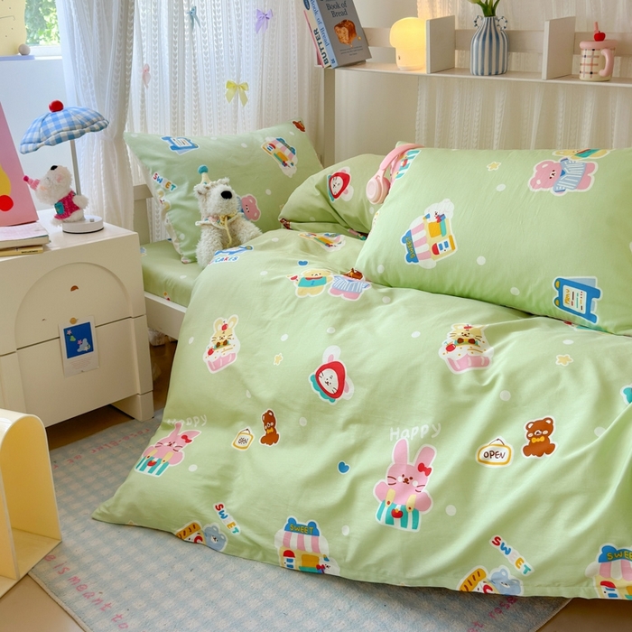 91家纺网 家纺一手货源 找家纺 曼之夏 2025新款全棉纯棉印花学生宿舍上下铺三件套 趣味熊