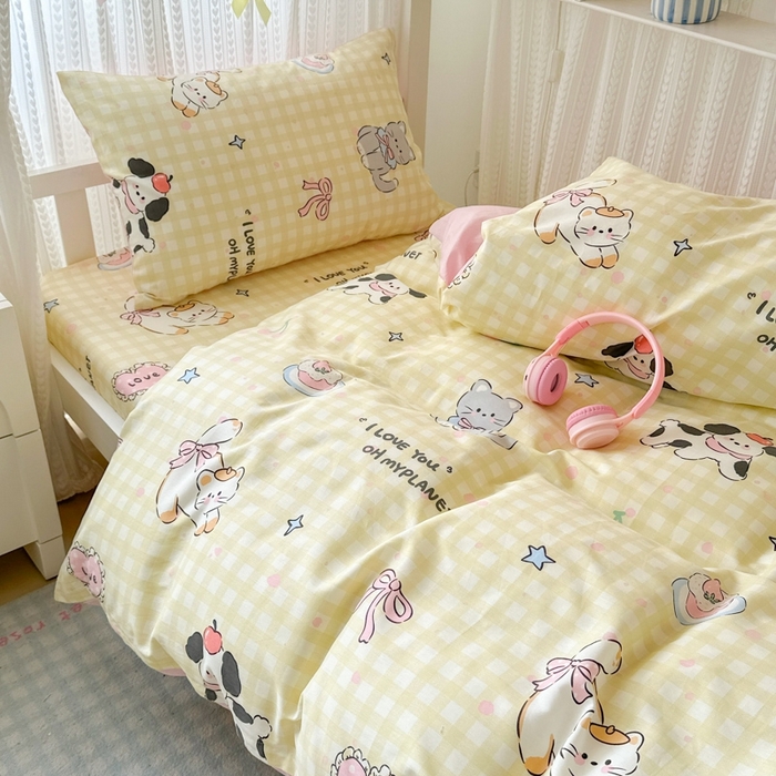 91家纺网 家纺一手货源 找家纺 曼之夏 2025新款全棉纯棉印花学生宿舍上下铺三件套 格子猫