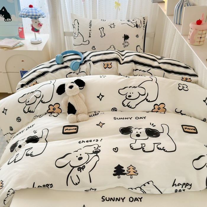 91家纺网 家纺一手货源 找家纺 曼之夏 2025新款全棉纯棉印花学生宿舍上下铺三件套 嗨皮狗