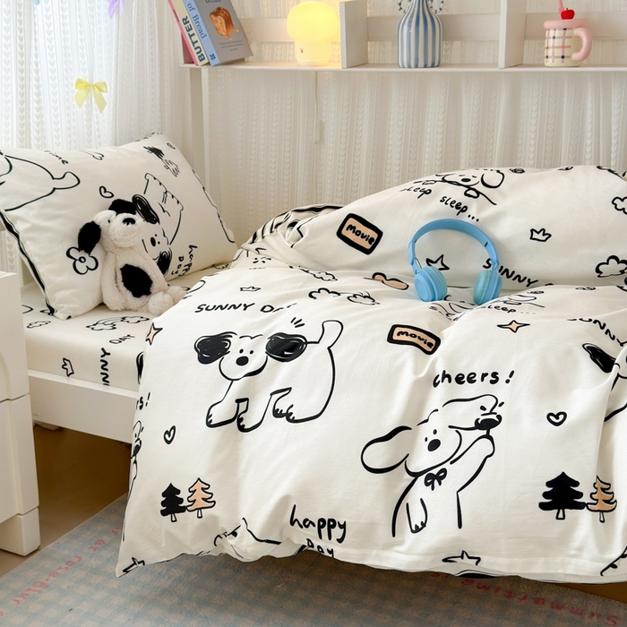 91家纺网 家纺一手货源 找家纺 曼之夏 2025新款全棉纯棉印花学生宿舍上下铺三件套 嗨皮狗