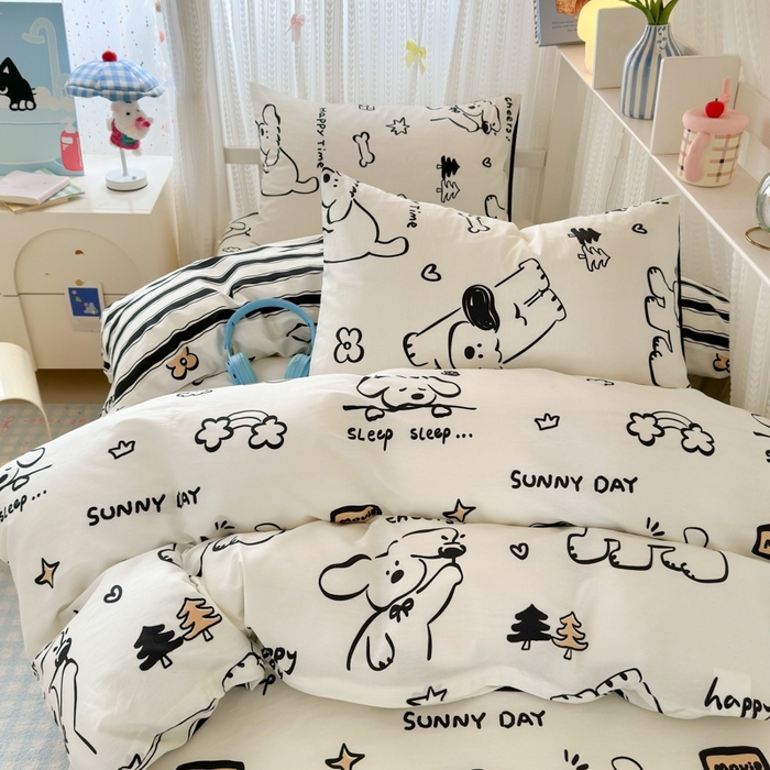 91家纺网 家纺一手货源 找家纺 曼之夏 2025新款全棉纯棉印花学生宿舍上下铺三件套 嗨皮狗