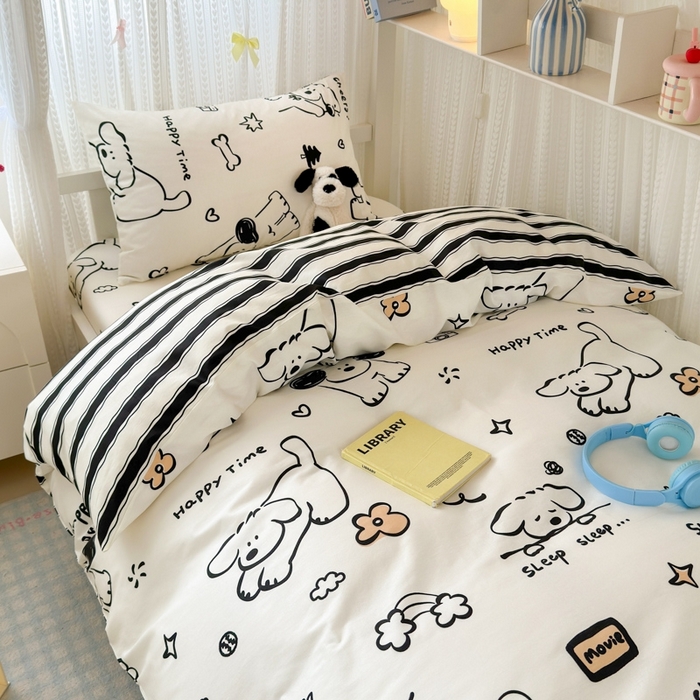 91家纺网 家纺一手货源 找家纺 曼之夏 2025新款全棉纯棉印花学生宿舍上下铺三件套 嗨皮狗