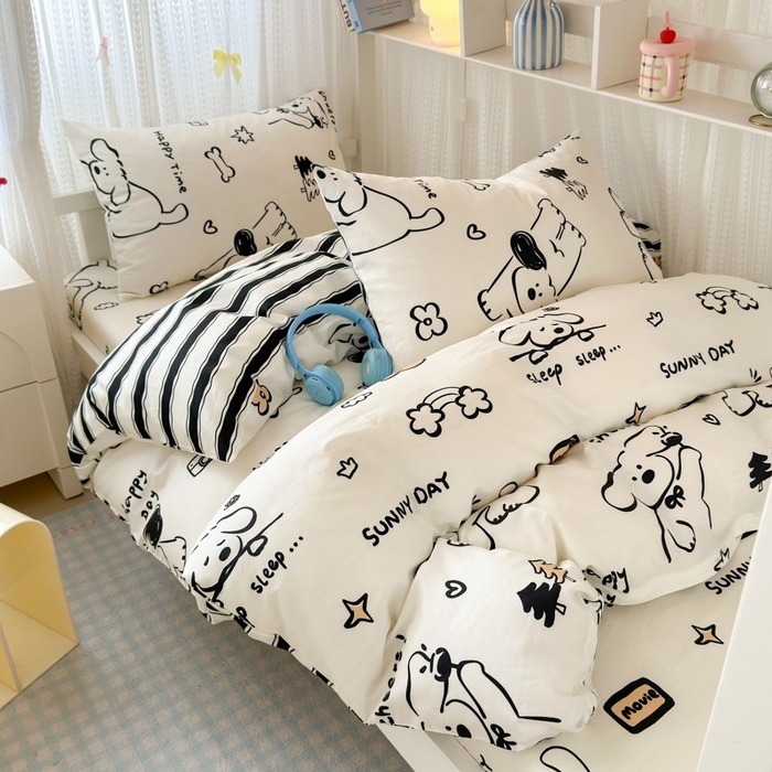 91家纺网 家纺一手货源 找家纺 曼之夏 2025新款全棉纯棉印花学生宿舍上下铺三件套 嗨皮狗