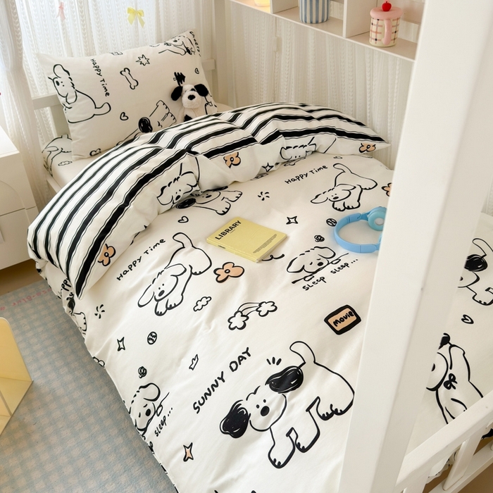 91家纺网 家纺一手货源 找家纺 曼之夏 2025新款全棉纯棉印花学生宿舍上下铺三件套 嗨皮狗