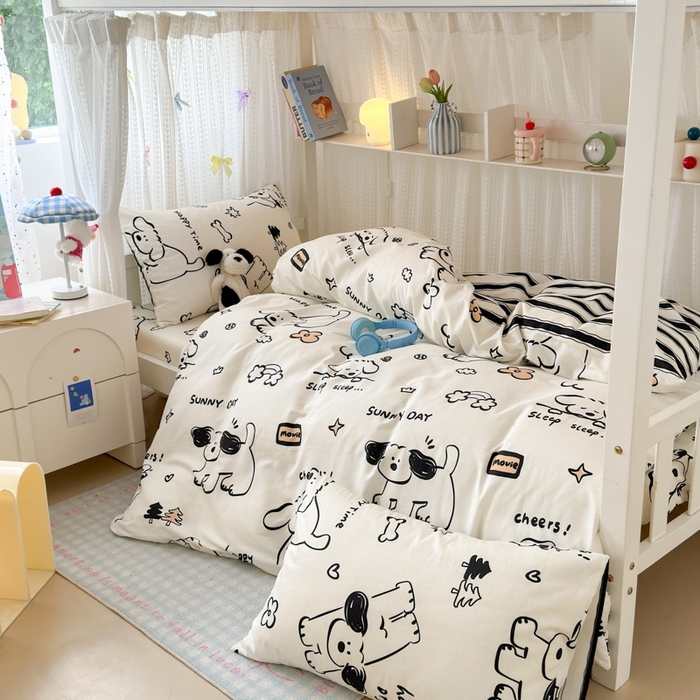 91家纺网 家纺一手货源 找家纺 曼之夏 2025新款全棉纯棉印花学生宿舍上下铺三件套 嗨皮狗