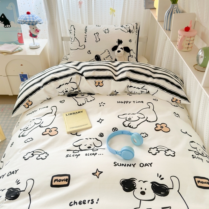 91家纺网 家纺一手货源 找家纺 曼之夏 2025新款全棉纯棉印花学生宿舍上下铺三件套 嗨皮狗