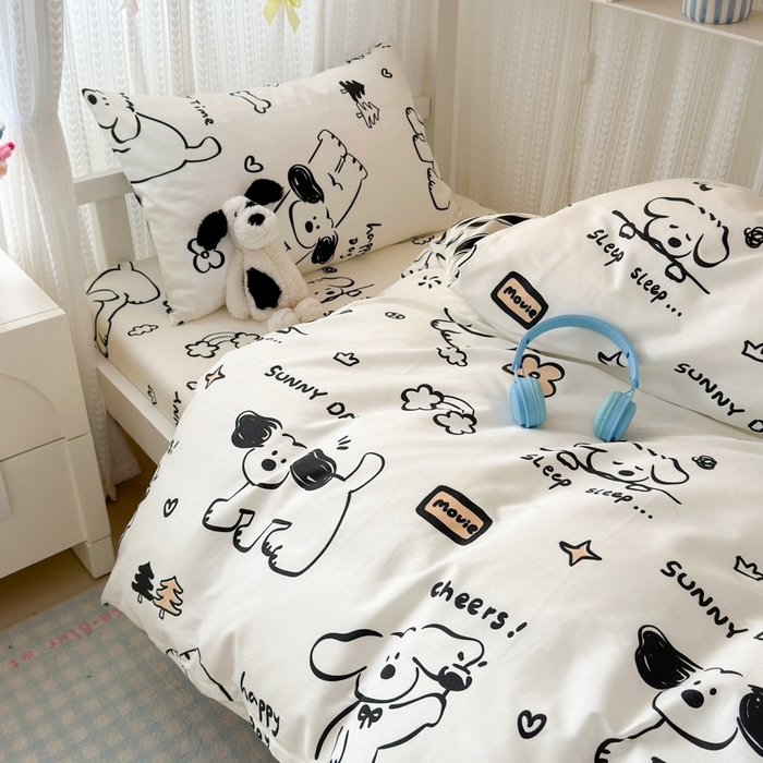 91家纺网 家纺一手货源 找家纺 曼之夏 2025新款全棉纯棉印花学生宿舍上下铺三件套 嗨皮狗