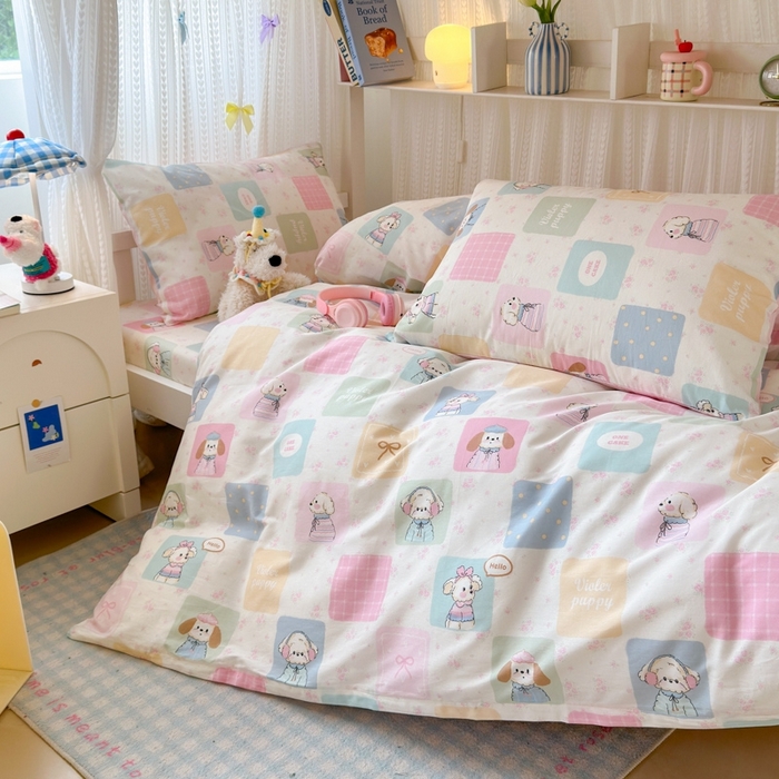 91家纺网 家纺一手货源 找家纺 曼之夏 2025新款全棉纯棉印花学生宿舍上下铺三件套 开心屋