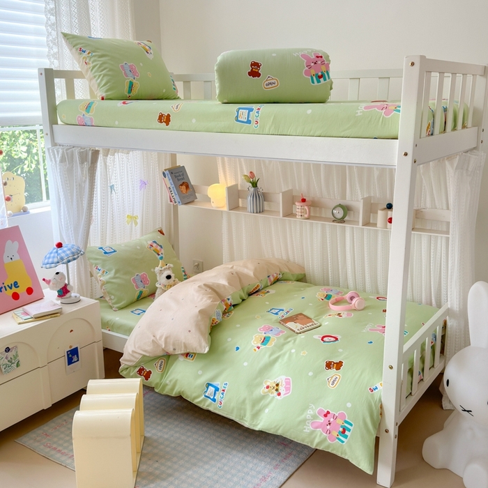 91家纺网 家纺一手货源 找家纺 曼之夏 2025新款全棉纯棉印花学生宿舍上下铺三件套 趣味熊