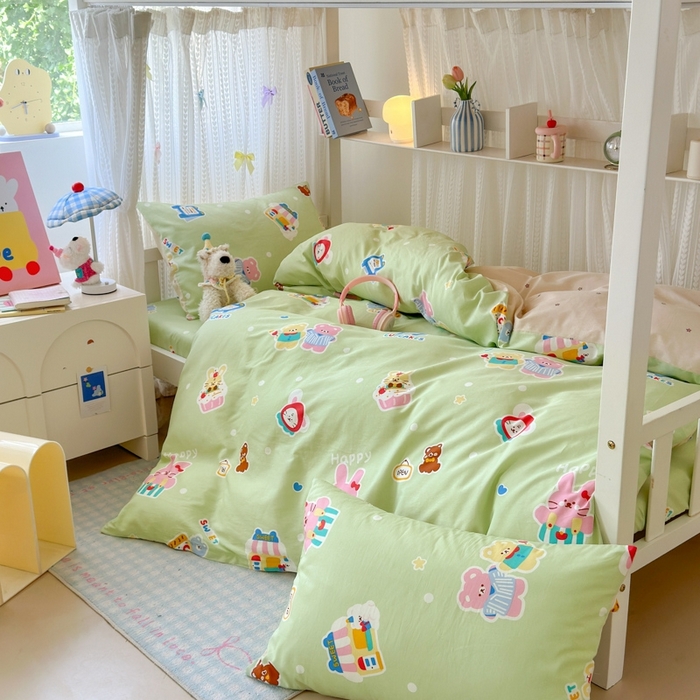 91家纺网 家纺一手货源 找家纺 曼之夏 2025新款全棉纯棉印花学生宿舍上下铺三件套 趣味熊