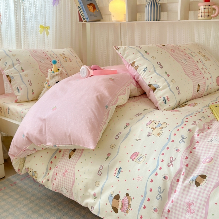 91家纺网 家纺一手货源 找家纺 曼之夏 2025新款全棉纯棉印花学生宿舍上下铺三件套 甜甜圈