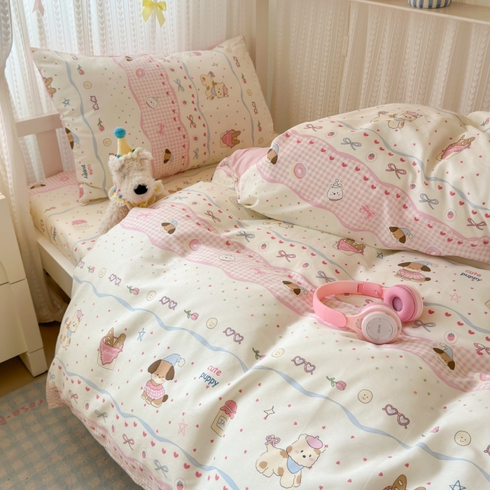 91家纺网 家纺一手货源 找家纺 曼之夏 2025新款全棉纯棉印花学生宿舍上下铺三件套 甜甜圈