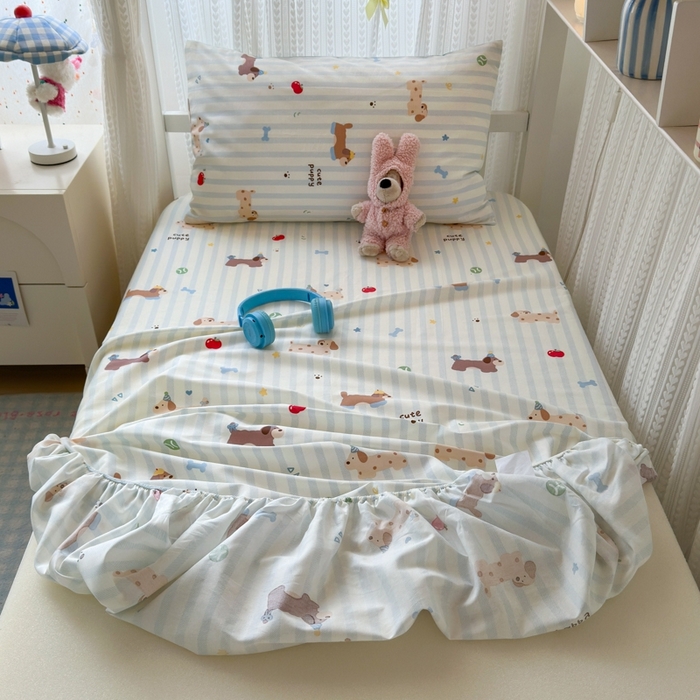 91家纺网 家纺一手货源 找家纺 曼之夏 2025新款全棉纯棉印花学生宿舍上下铺单床笠床笠单件单品床笠 椰奶小腊肠