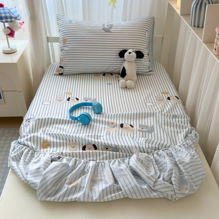 91家纺网 家纺一手货源 找家纺 曼之夏 2025新款全棉纯棉印花学生宿舍上下铺单床笠床笠单件单品床笠 小狗日记