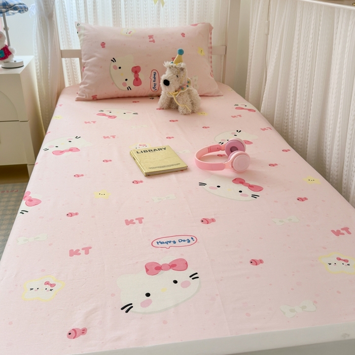 91家纺网 家纺一手货源 找家纺 曼之夏 2025新款全棉纯棉印花学生宿舍上下铺单床笠床笠单件单品床笠 甜心猫咪