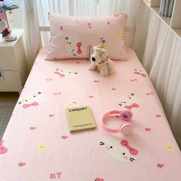 91家纺网 家纺一手货源 找家纺 曼之夏 2025新款全棉纯棉印花学生宿舍上下铺单床笠床笠单件单品床笠 甜心猫咪