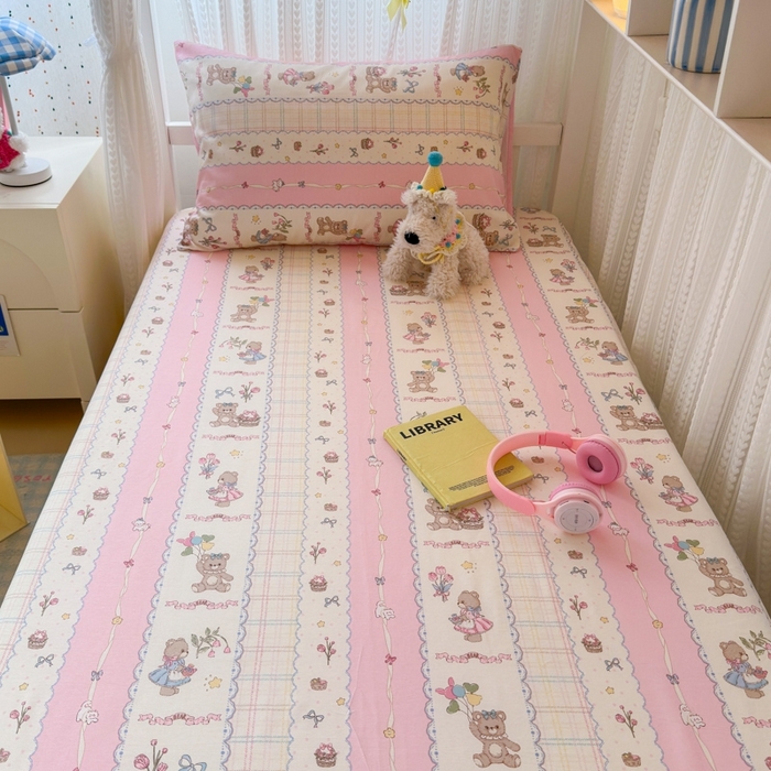 91家纺网 家纺一手货源 找家纺 曼之夏 2025新款全棉纯棉印花学生宿舍上下铺单床笠床笠单件单品床笠 奶昔小熊