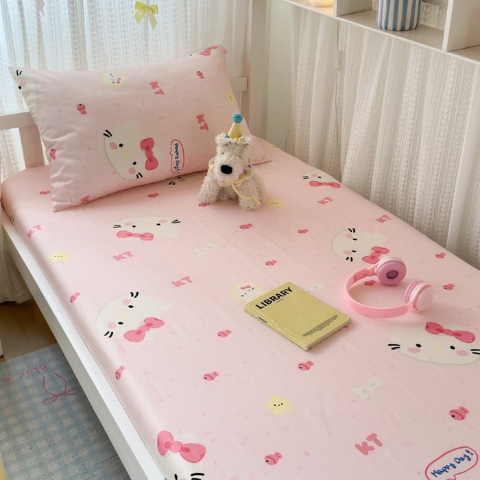 91家纺网 家纺一手货源 找家纺 曼之夏 2025新款全棉纯棉印花学生宿舍上下铺单床笠床笠单件单品床笠 甜心猫咪