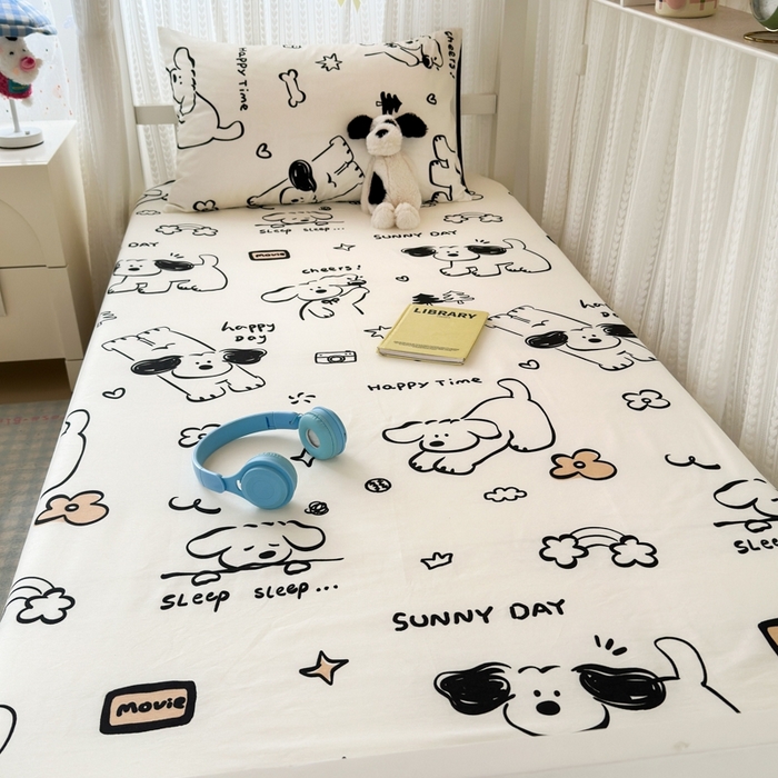 91家纺网 家纺一手货源 找家纺 曼之夏 2025新款全棉纯棉印花学生宿舍上下铺单床笠床笠单件单品床笠 嗨皮狗