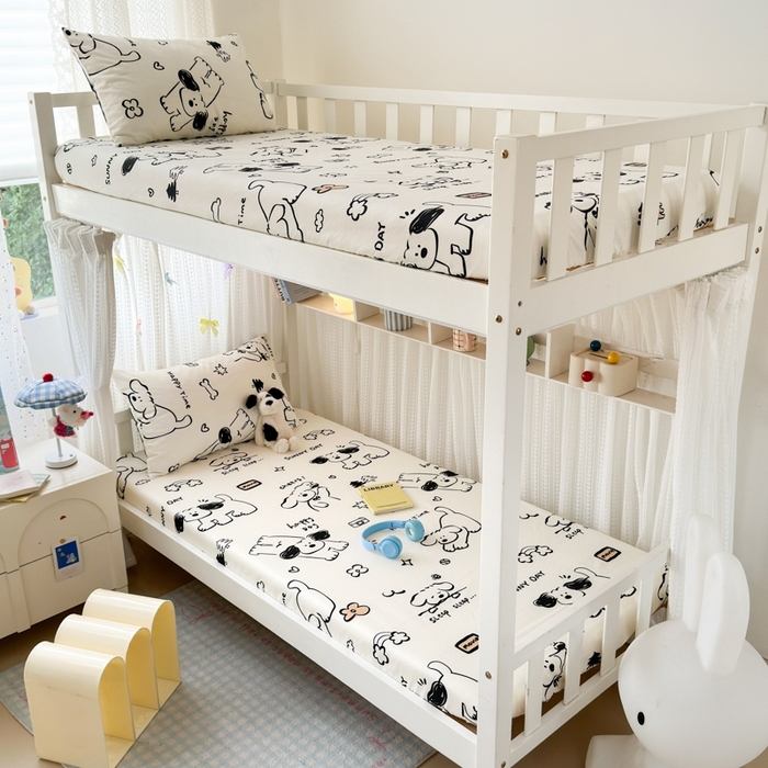 91家纺网 家纺一手货源 找家纺 曼之夏 2025新款全棉纯棉印花学生宿舍上下铺单床笠床笠单件单品床笠 嗨皮狗