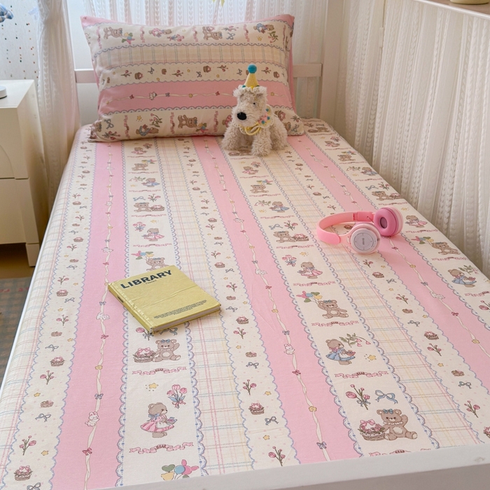 91家纺网 家纺一手货源 找家纺 曼之夏 2025新款全棉纯棉印花学生宿舍上下铺单床笠床笠单件单品床笠 奶昔小熊