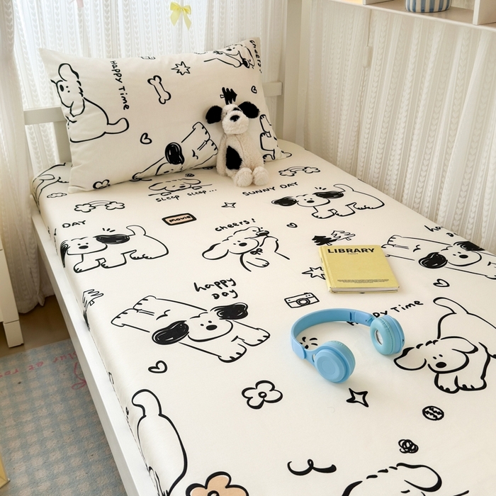 91家纺网 家纺一手货源 找家纺 曼之夏 2025新款全棉纯棉印花学生宿舍上下铺单床笠床笠单件单品床笠 嗨皮狗