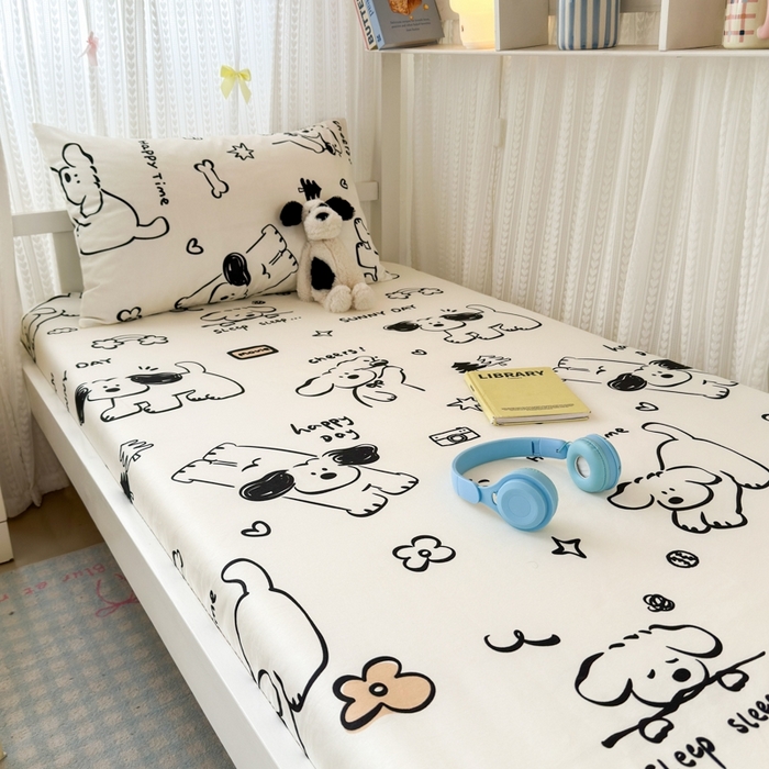 91家纺网 家纺一手货源 找家纺 曼之夏 2025新款全棉纯棉印花学生宿舍上下铺单床笠床笠单件单品床笠 嗨皮狗