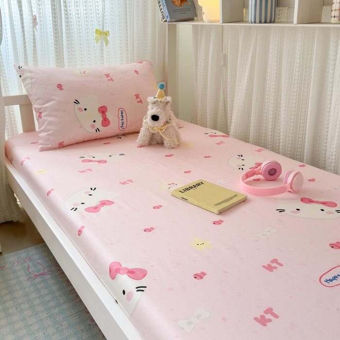 91家纺网 家纺一手货源 找家纺 曼之夏 2025新款全棉纯棉印花学生宿舍上下铺单床笠床笠单件单品床笠 甜心猫咪