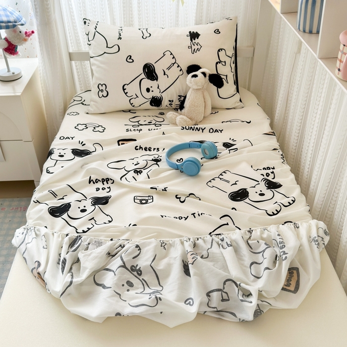 91家纺网 家纺一手货源 找家纺 曼之夏 2025新款全棉纯棉印花学生宿舍上下铺单床笠床笠单件单品床笠 嗨皮狗