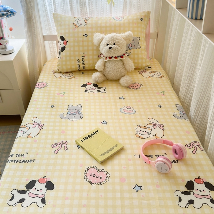 91家纺网 家纺一手货源 找家纺 曼之夏 2025新款全棉纯棉印花学生宿舍上下铺单床笠床笠单件单品床笠 格子猫